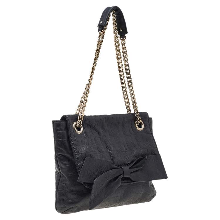 Pre Owned Carolina Herrera Black Monogram Embossed Leather Audrey Shoulder Bag