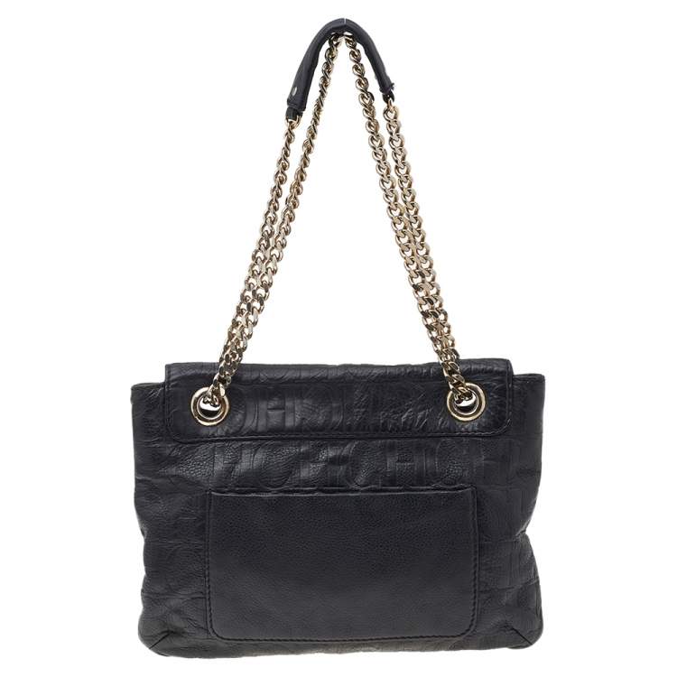 Pre Owned Carolina Herrera Black Monogram Embossed Leather Audrey Shoulder Bag