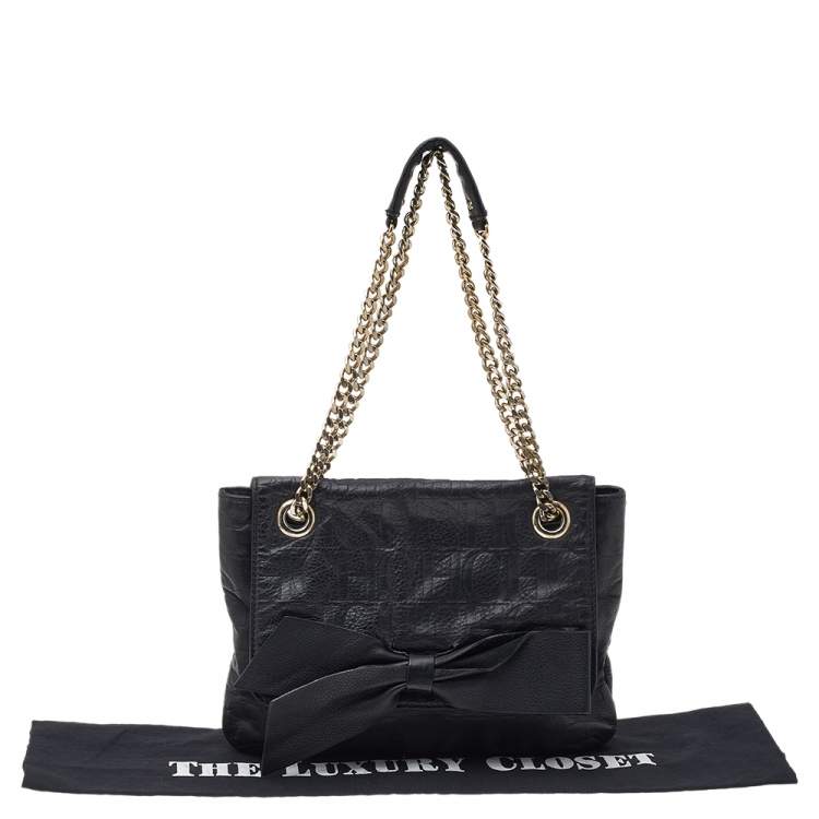 Pre Owned Carolina Herrera Black Monogram Embossed Leather Audrey Shoulder Bag