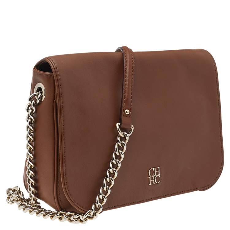 Pre Owned Carolina Herrera Brown Leather Chain Flap Shoulder Bag