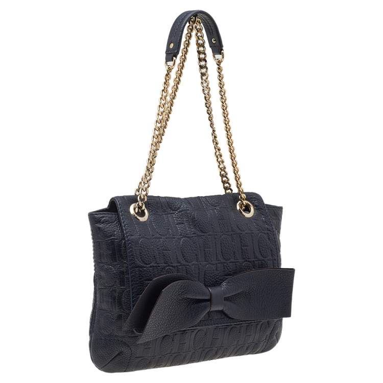 Pre Owned Carolina Herrera Black Monogram Leather Audrey Shoulder Bag