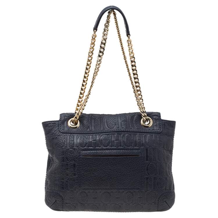 Pre Owned Carolina Herrera Black Monogram Leather Audrey Shoulder Bag