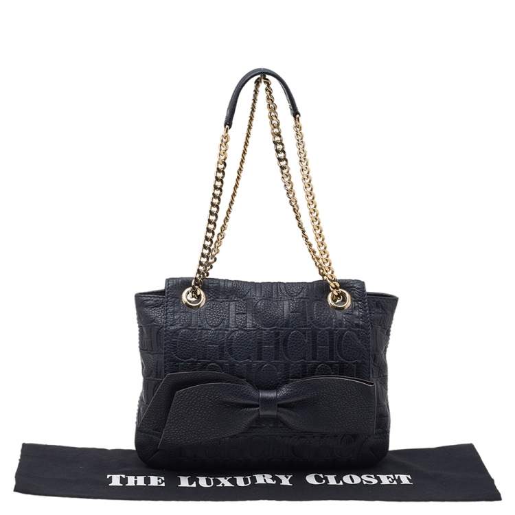 Pre Owned Carolina Herrera Black Monogram Leather Audrey Shoulder Bag