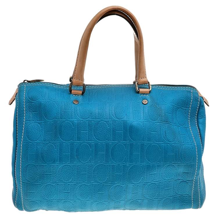Pre Owned Carolina Herrera Bright Blue Monogram Embossed Leather Andy Boston Bag