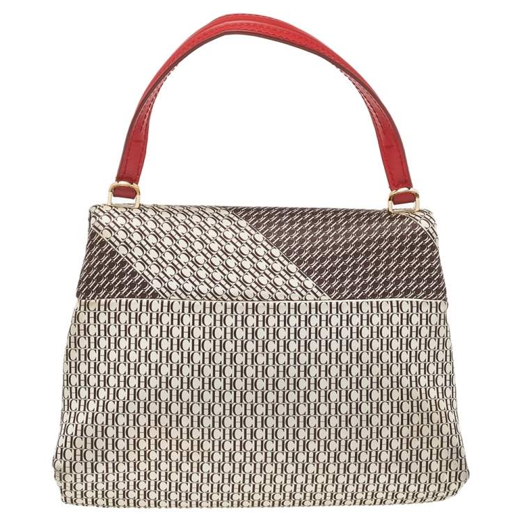 Pre Owned Carolina Herrera Multicolor Monogram Satin And Leather Top Handle Bag