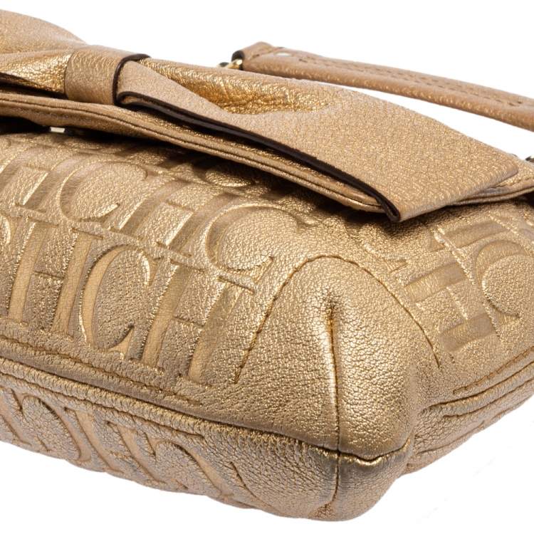 Pre Owned Carolina Herrera Metallic Gold Monogram Leather Audrey Shoulder Bag