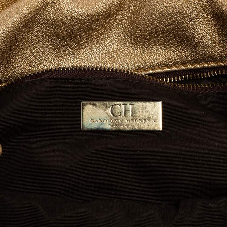 Pre Owned Carolina Herrera Metallic Gold Monogram Leather Audrey Shoulder Bag