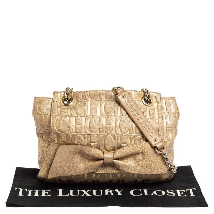 Pre Owned Carolina Herrera Metallic Gold Monogram Leather Audrey Shoulder Bag