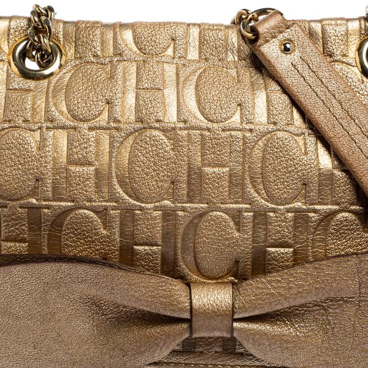 Pre Owned Carolina Herrera Metallic Gold Monogram Leather Audrey Shoulder Bag