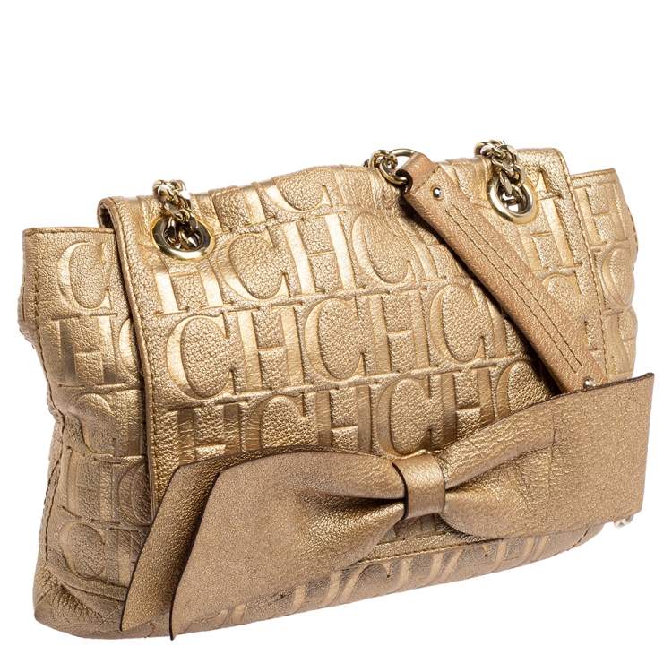 Pre Owned Carolina Herrera Metallic Gold Monogram Leather Audrey Shoulder Bag