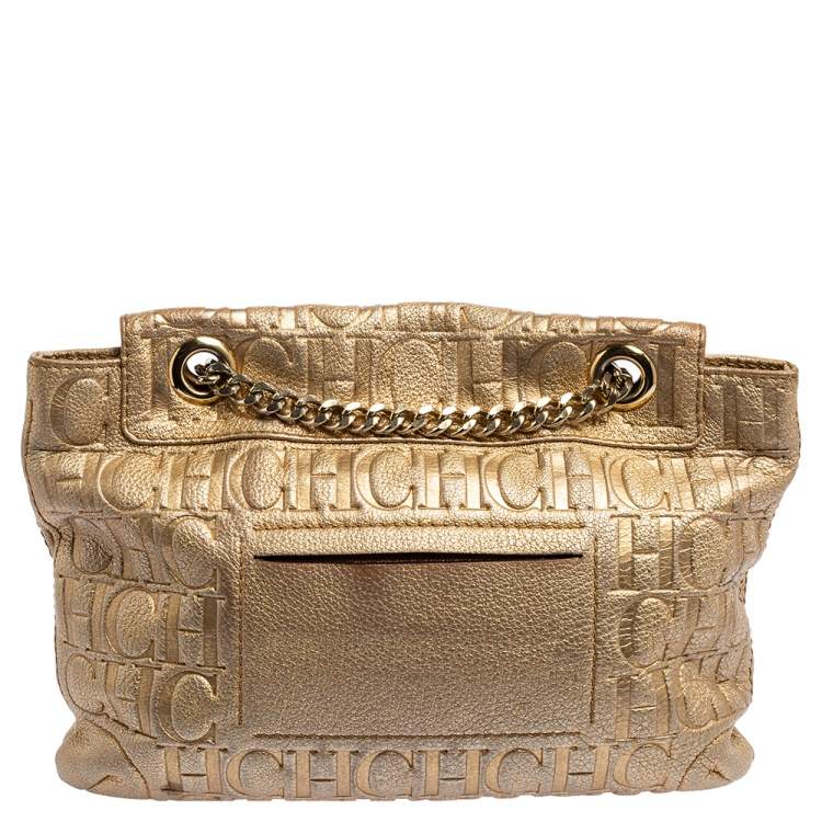 Pre Owned Carolina Herrera Metallic Gold Monogram Leather Audrey Shoulder Bag