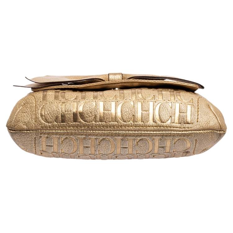 Pre Owned Carolina Herrera Metallic Gold Monogram Leather Audrey Shoulder Bag