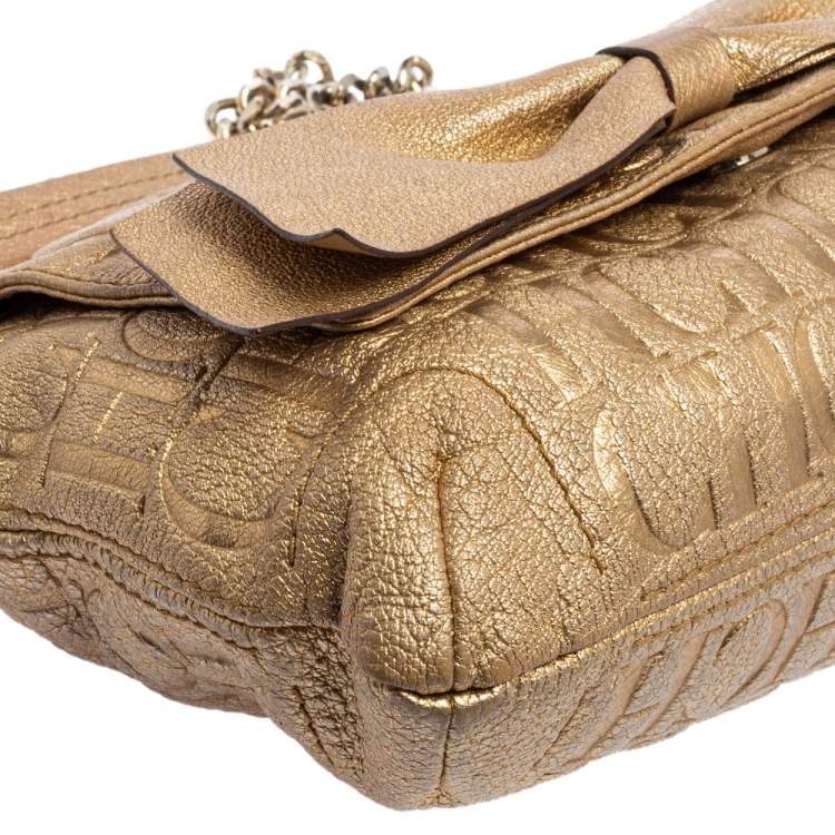 Pre Owned Carolina Herrera Metallic Gold Monogram Leather Audrey Shoulder Bag