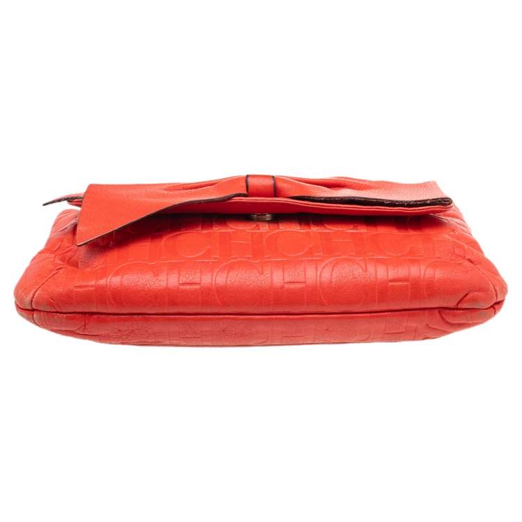 Pre Owned Carolina Herrera Orange Monogram Embossed Leather Audrey Shoulder Bag