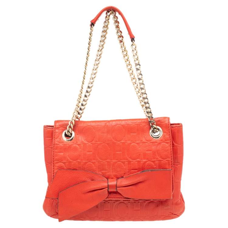 Pre Owned Carolina Herrera Orange Monogram Embossed Leather Audrey Shoulder Bag