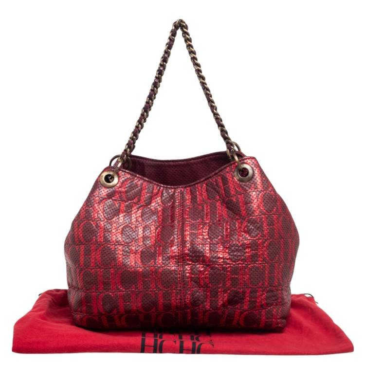 Pre Owned Carolina Herrera Red/Burgundy Monogram Leather Chain Tote