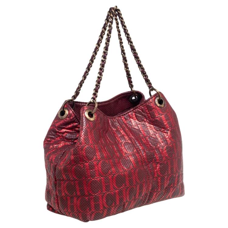 Pre Owned Carolina Herrera Red/Burgundy Monogram Leather Chain Tote