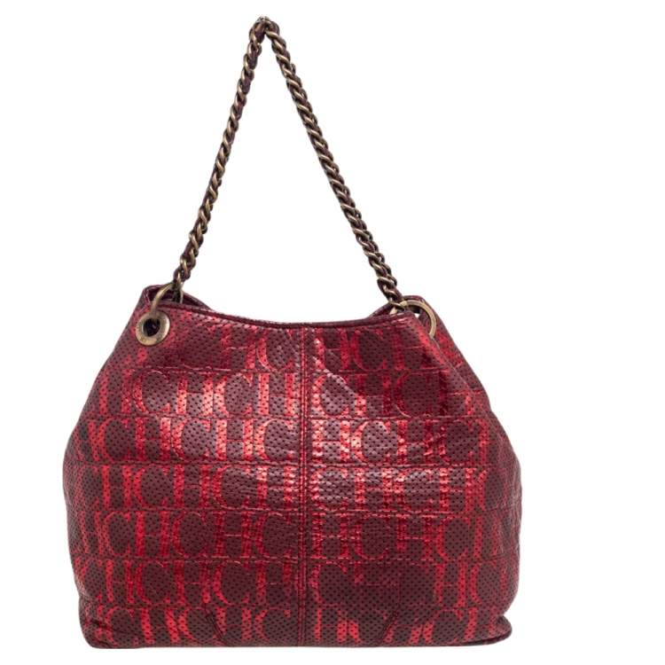 Pre Owned Carolina Herrera Red/Burgundy Monogram Leather Chain Tote