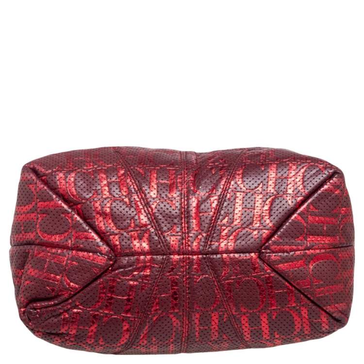 Pre Owned Carolina Herrera Red/Burgundy Monogram Leather Chain Tote