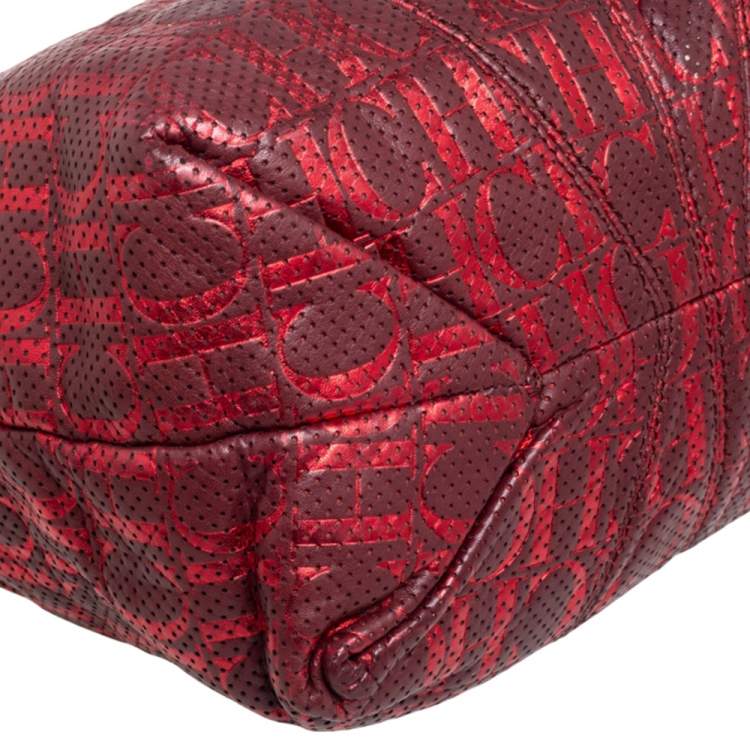 Pre Owned Carolina Herrera Red/Burgundy Monogram Leather Chain Tote