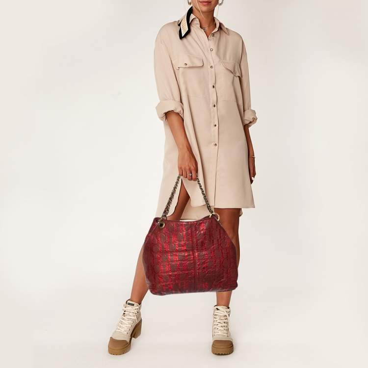 Pre Owned Carolina Herrera Red/Burgundy Monogram Leather Chain Tote