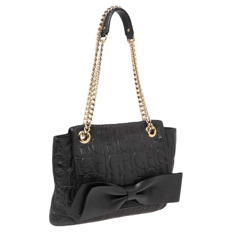 Pre Owned CH Carolina Herrera Black Monogram Leather Audrey Shoulder Bag