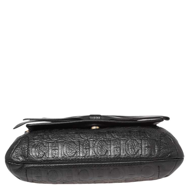 Pre Owned CH Carolina Herrera Black Monogram Leather Audrey Shoulder Bag