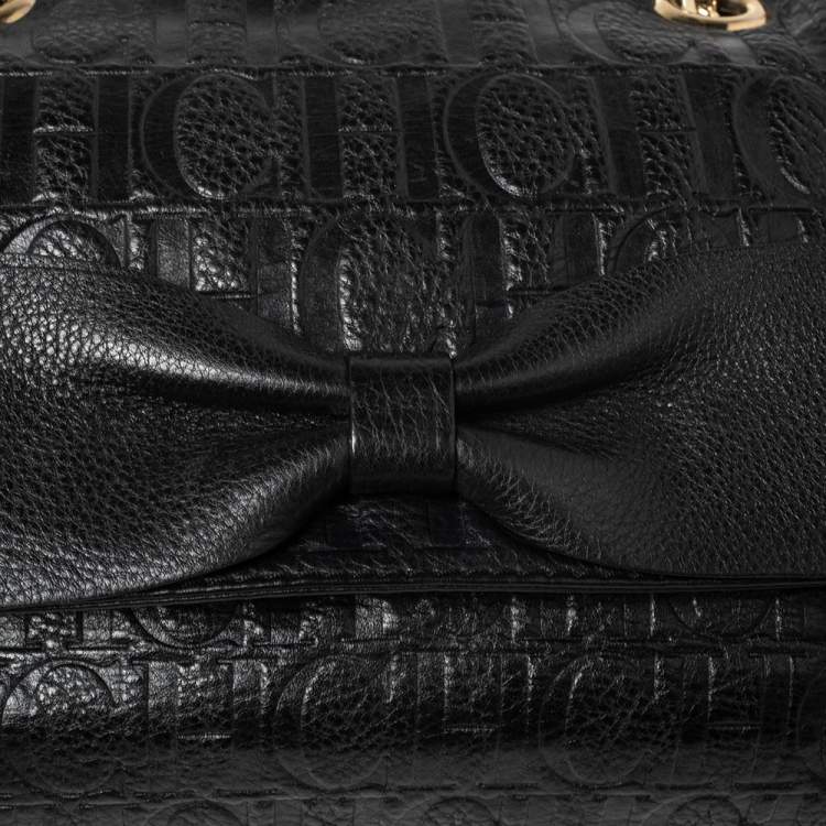 Pre Owned CH Carolina Herrera Black Monogram Leather Audrey Shoulder Bag