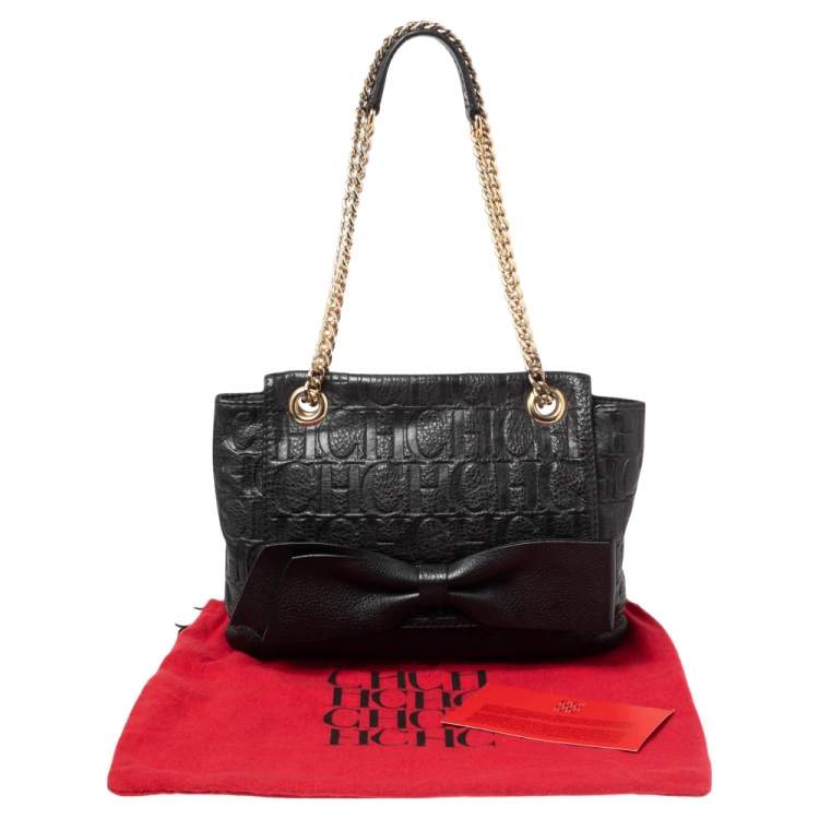 Pre Owned CH Carolina Herrera Black Monogram Leather Audrey Shoulder Bag