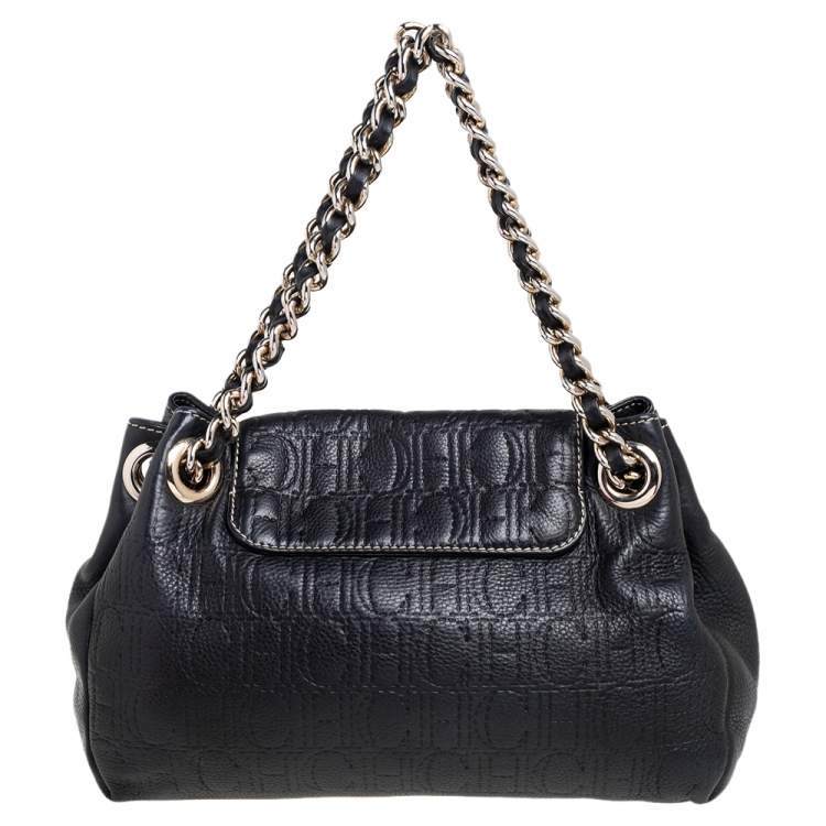 Pre Owned Carolina Herrera Black Monogram Embossed Leather Tassel Flap Shoulder Bag