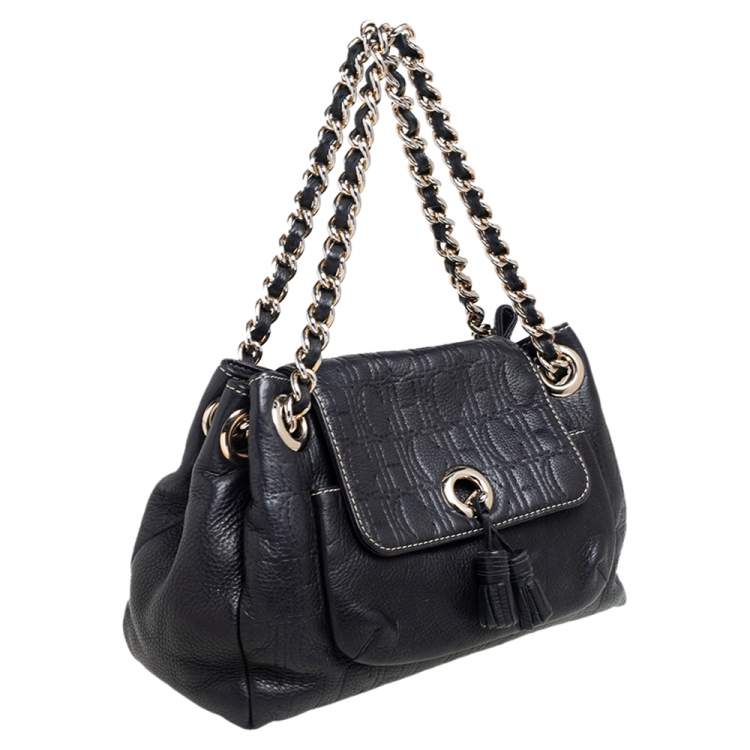 Pre Owned Carolina Herrera Black Monogram Embossed Leather Tassel Flap Shoulder Bag