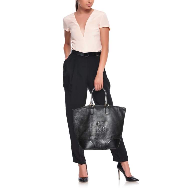 Pre Owned Carolina Herrera Black Leather Top Zip Shopper Tote