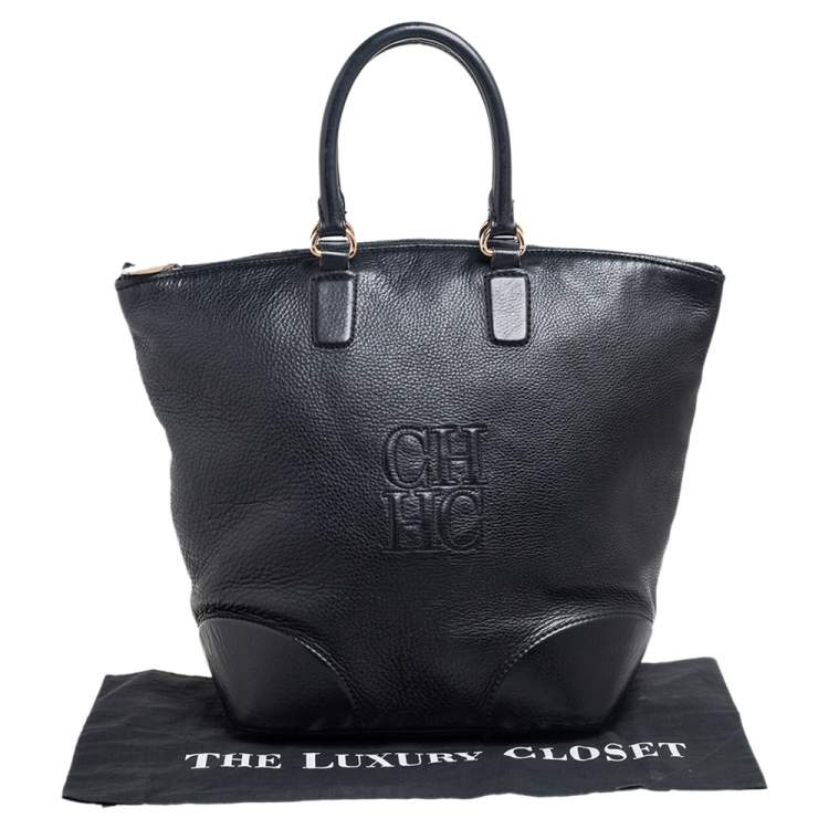 Pre Owned Carolina Herrera Black Leather Top Zip Shopper Tote