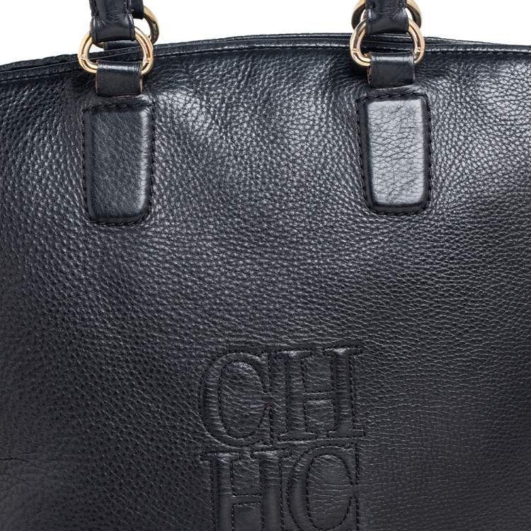 Pre Owned Carolina Herrera Black Leather Top Zip Shopper Tote