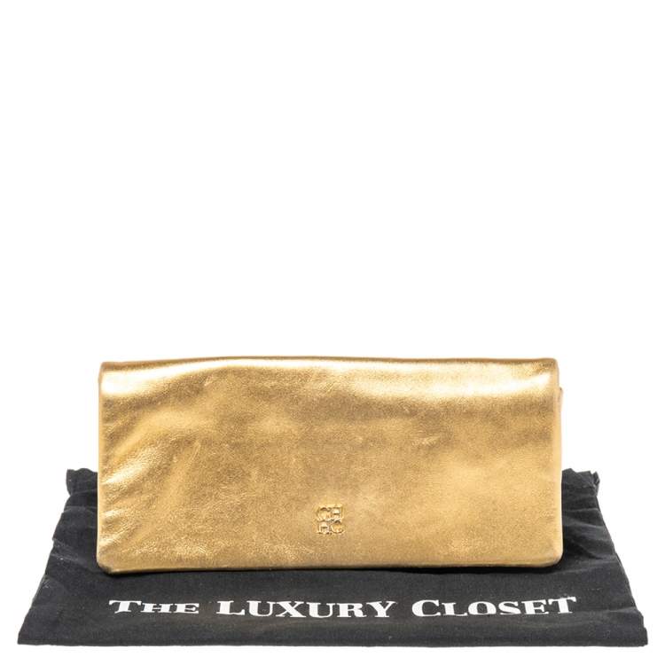 Pre Owned Carolina Herrera Metallic Gold Leather Logo Flap Clutch