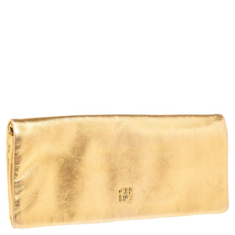Pre Owned Carolina Herrera Metallic Gold Leather Logo Flap Clutch