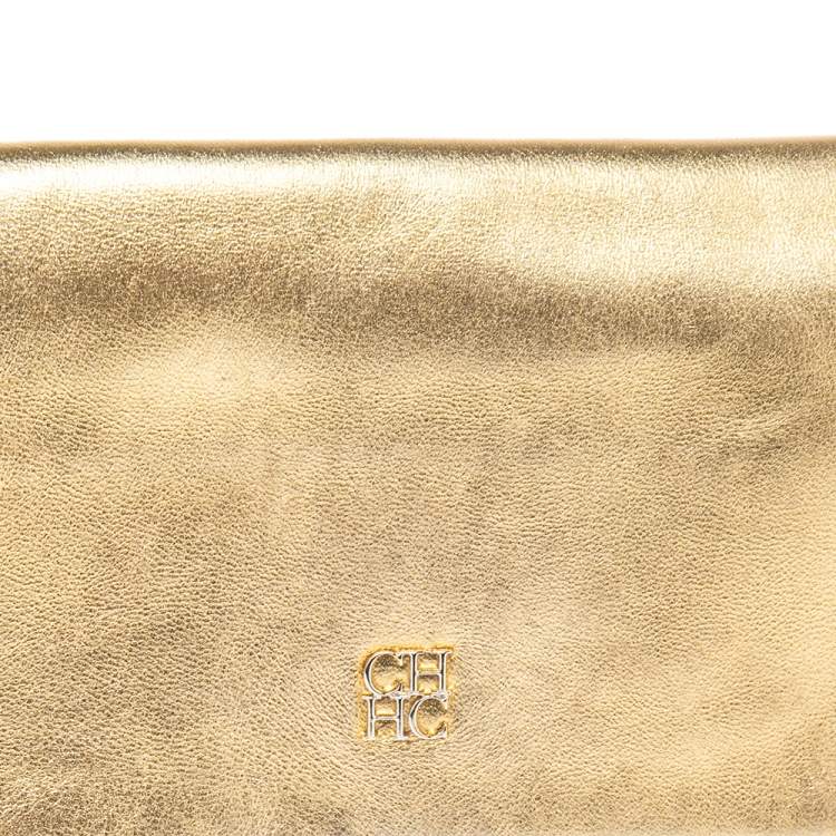 Pre Owned Carolina Herrera Metallic Gold Leather Logo Flap Clutch