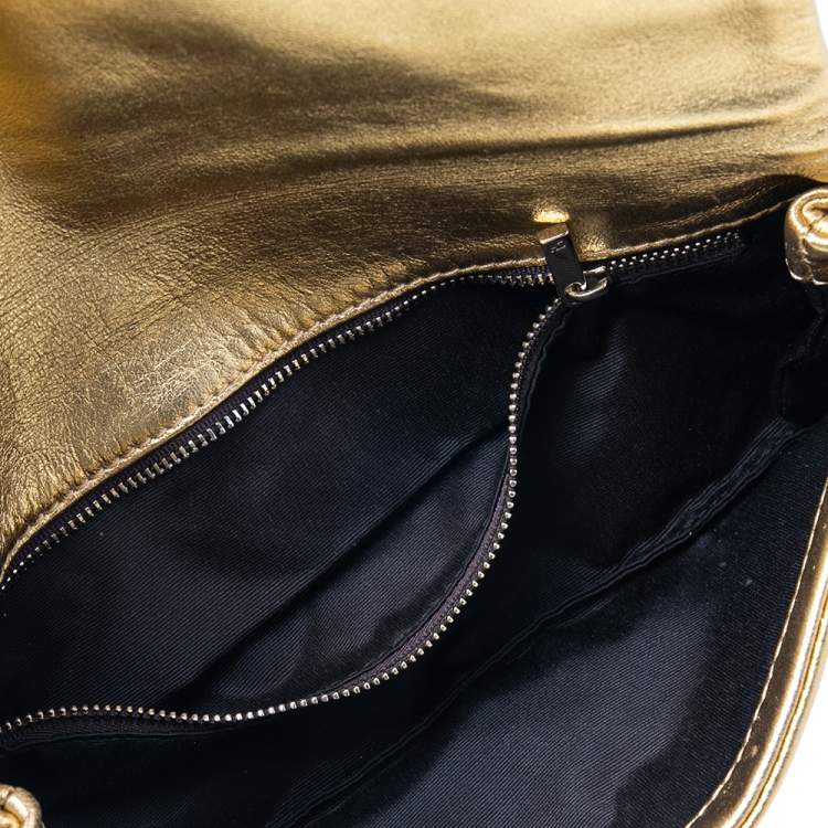 Pre Owned Carolina Herrera Metallic Gold Leather Logo Flap Clutch