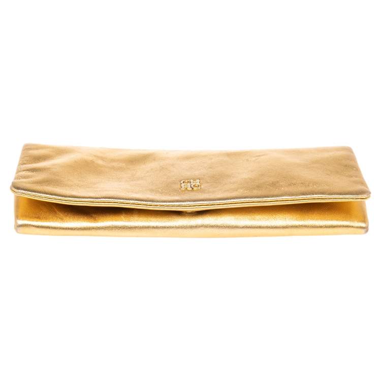 Pre Owned Carolina Herrera Metallic Gold Leather Logo Flap Clutch