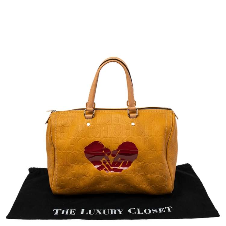 Pre Owned Carolina Herrera Yellow Monogram Leather Large Heart Limited Edition Andy Boston Bag