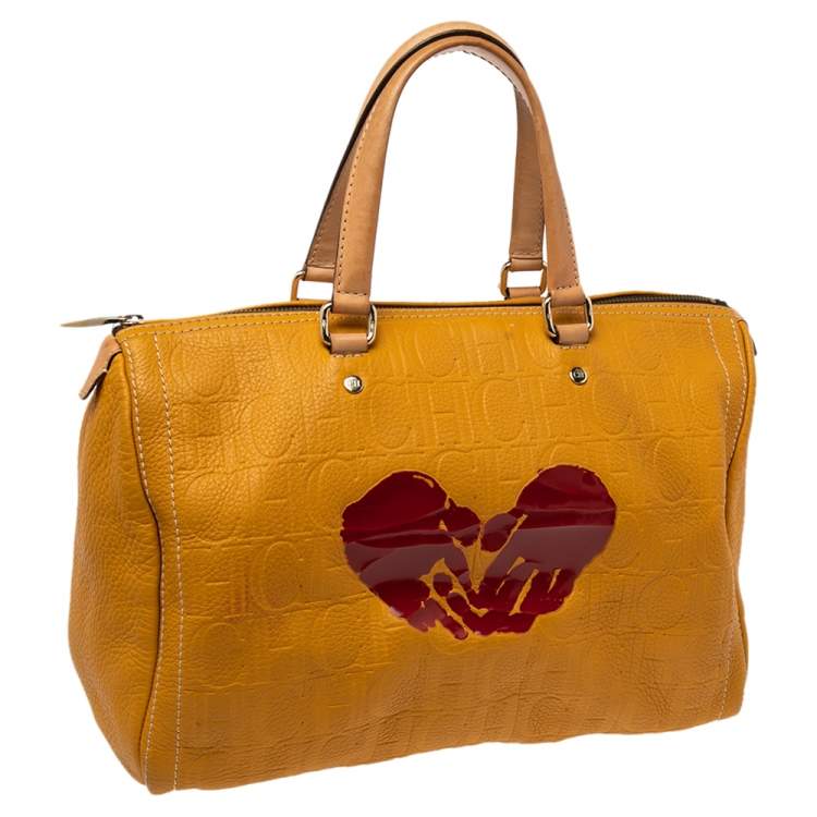 Pre Owned Carolina Herrera Yellow Monogram Leather Large Heart Limited Edition Andy Boston Bag
