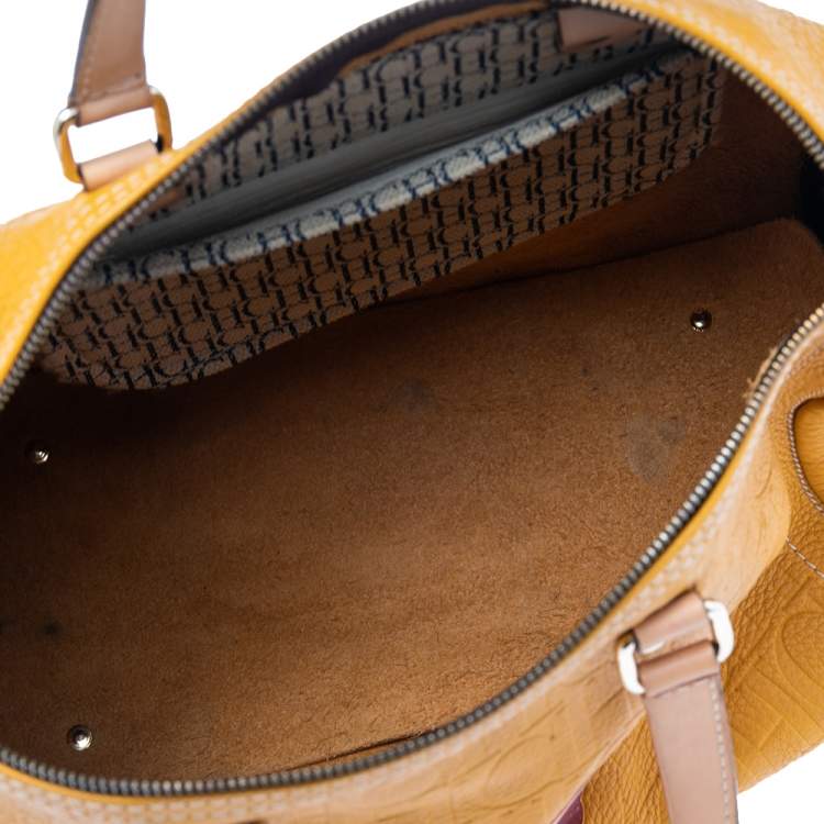 Pre Owned Carolina Herrera Yellow Monogram Leather Large Heart Limited Edition Andy Boston Bag