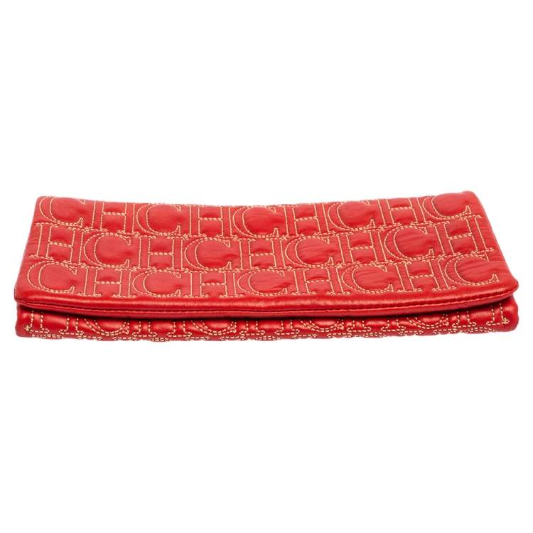 Pre Owned Carolina Herrera Red Monogram Leather Clutch