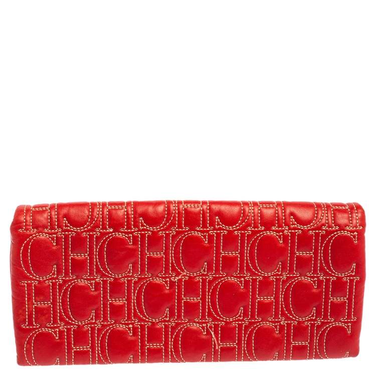 Pre Owned Carolina Herrera Red Monogram Leather Clutch