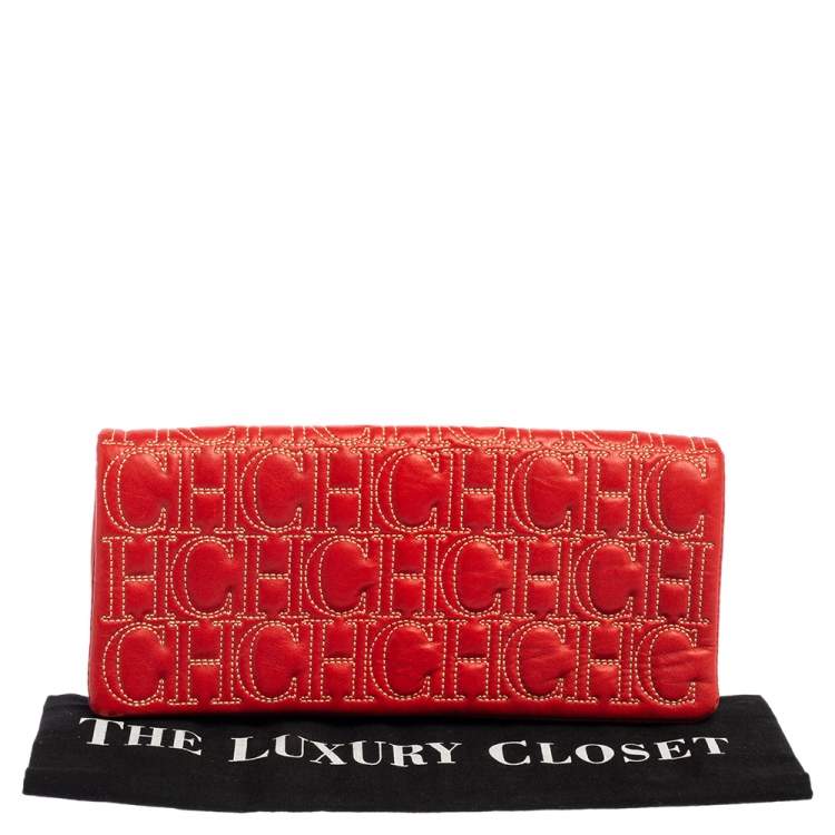 Pre Owned Carolina Herrera Red Monogram Leather Clutch