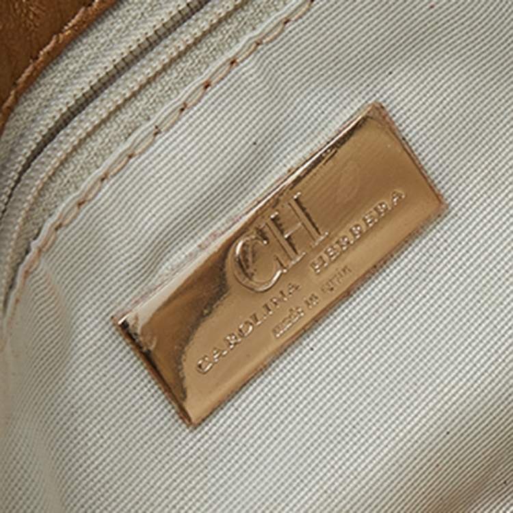 Pre Owned Carolina Herrera Gold Monogram Leather Flap Clutch