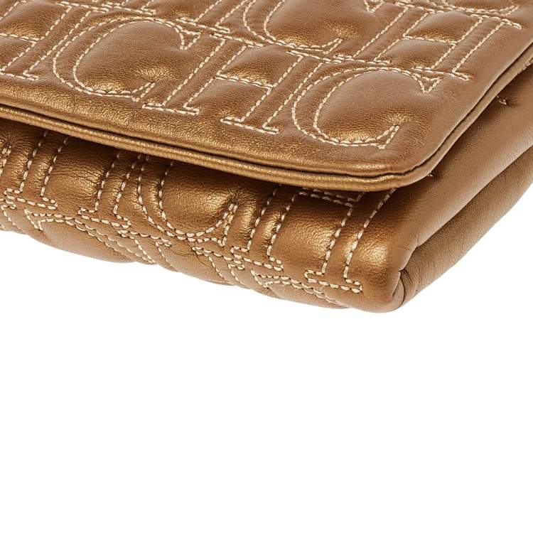 Pre Owned Carolina Herrera Gold Monogram Leather Flap Clutch