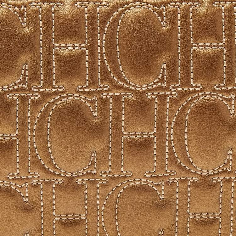 Pre Owned Carolina Herrera Gold Monogram Leather Flap Clutch