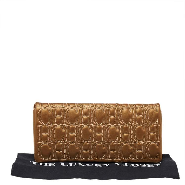 Pre Owned Carolina Herrera Gold Monogram Leather Flap Clutch
