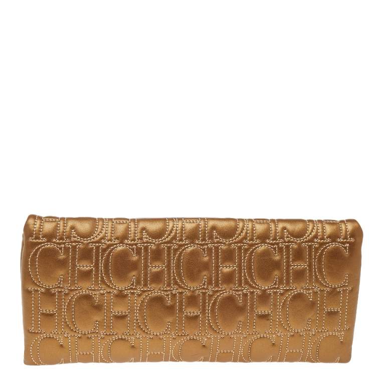 Pre Owned Carolina Herrera Gold Monogram Leather Flap Clutch
